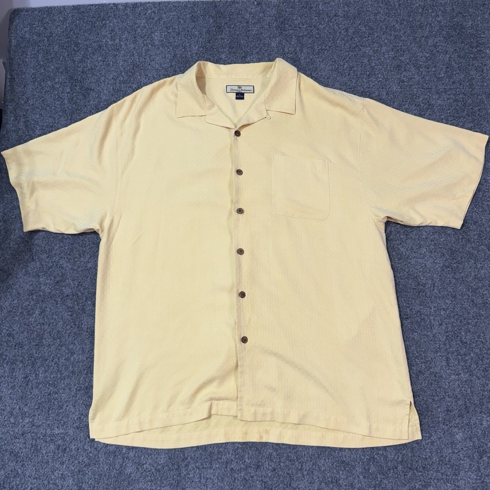 Tommy Bahama XL Silk Shirt Yellow Short Sleeve Relaxed Basketweave T30981
